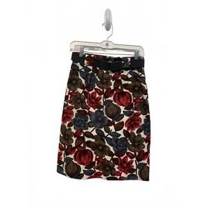Boden Floral Print Cotton Linen Blend Skirt with Belt Gray Brown Wine US 4R